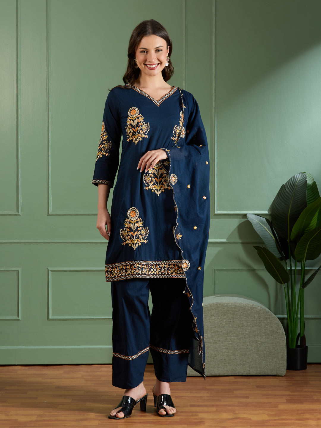 Solid Floral Threadwork Embroidered Straight Fit Kurta with Salwar and Dupatta - Navy Blue