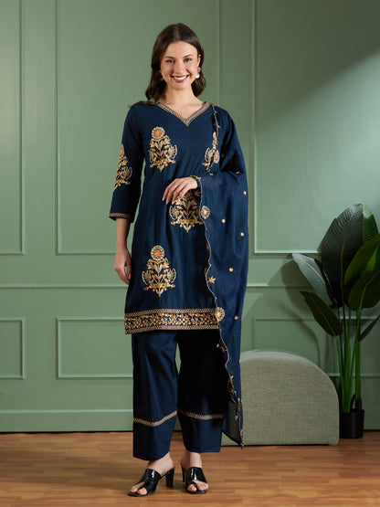 Solid Floral Threadwork Embroidered Straight Fit Kurta with Salwar and Dupatta - Navy Blue