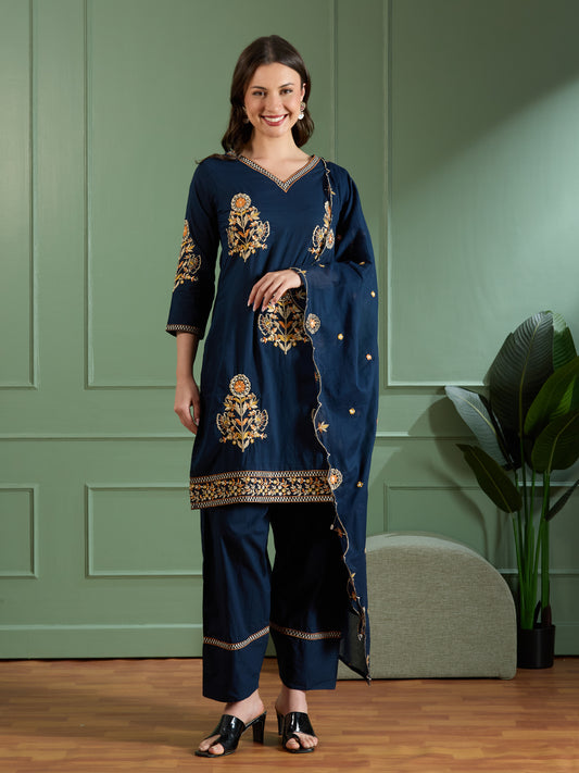 Solid Floral Threadwork Embroidered Straight Fit Kurta with Salwar and Dupatta - Navy Blue
