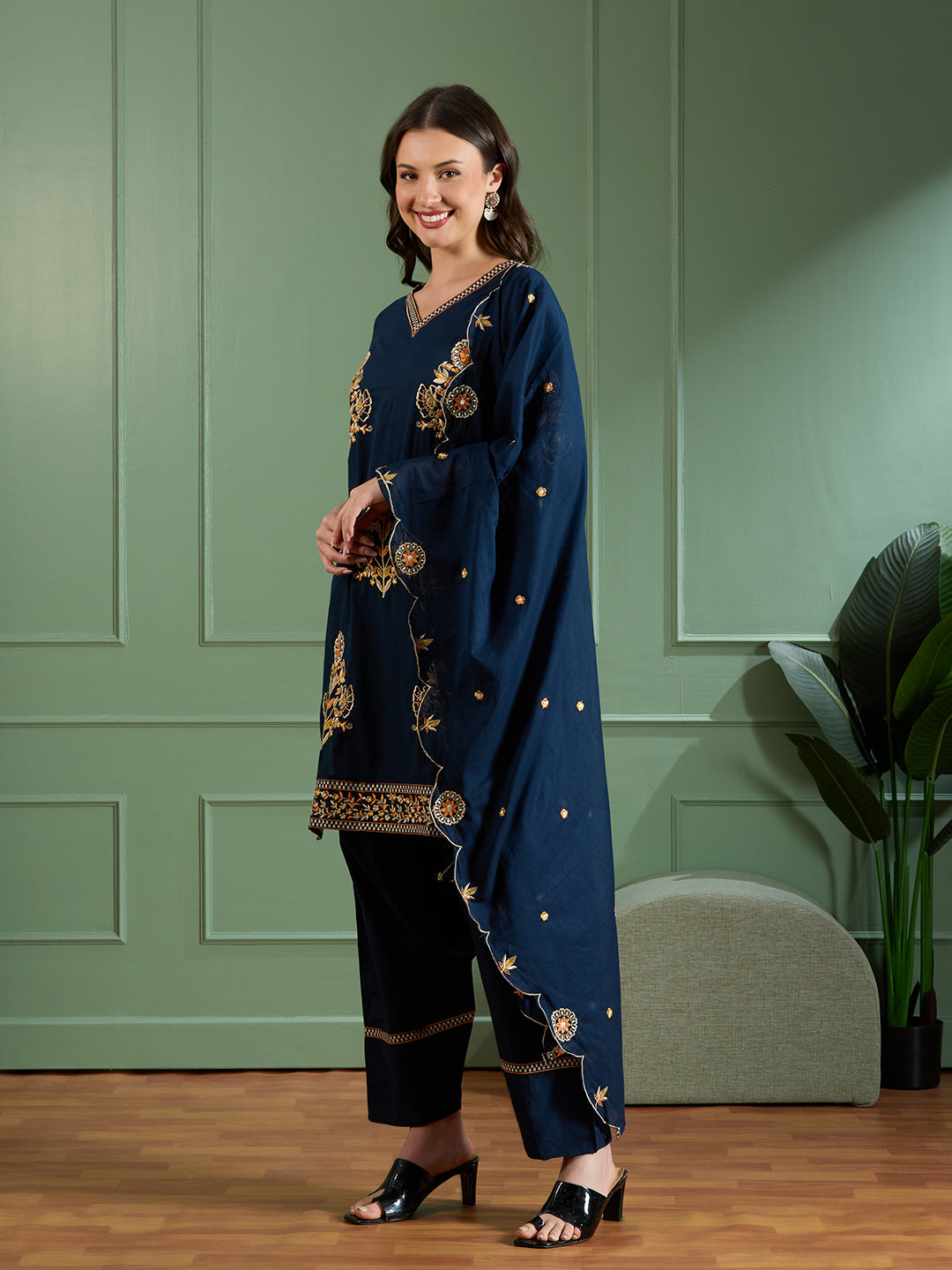 Solid Floral Threadwork Embroidered Straight Fit Kurta with Salwar and Dupatta - Navy Blue