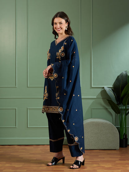 Solid Floral Threadwork Embroidered Straight Fit Kurta with Salwar and Dupatta - Navy Blue