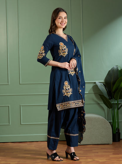 Solid Floral Threadwork Embroidered Straight Fit Kurta with Salwar and Dupatta - Navy Blue