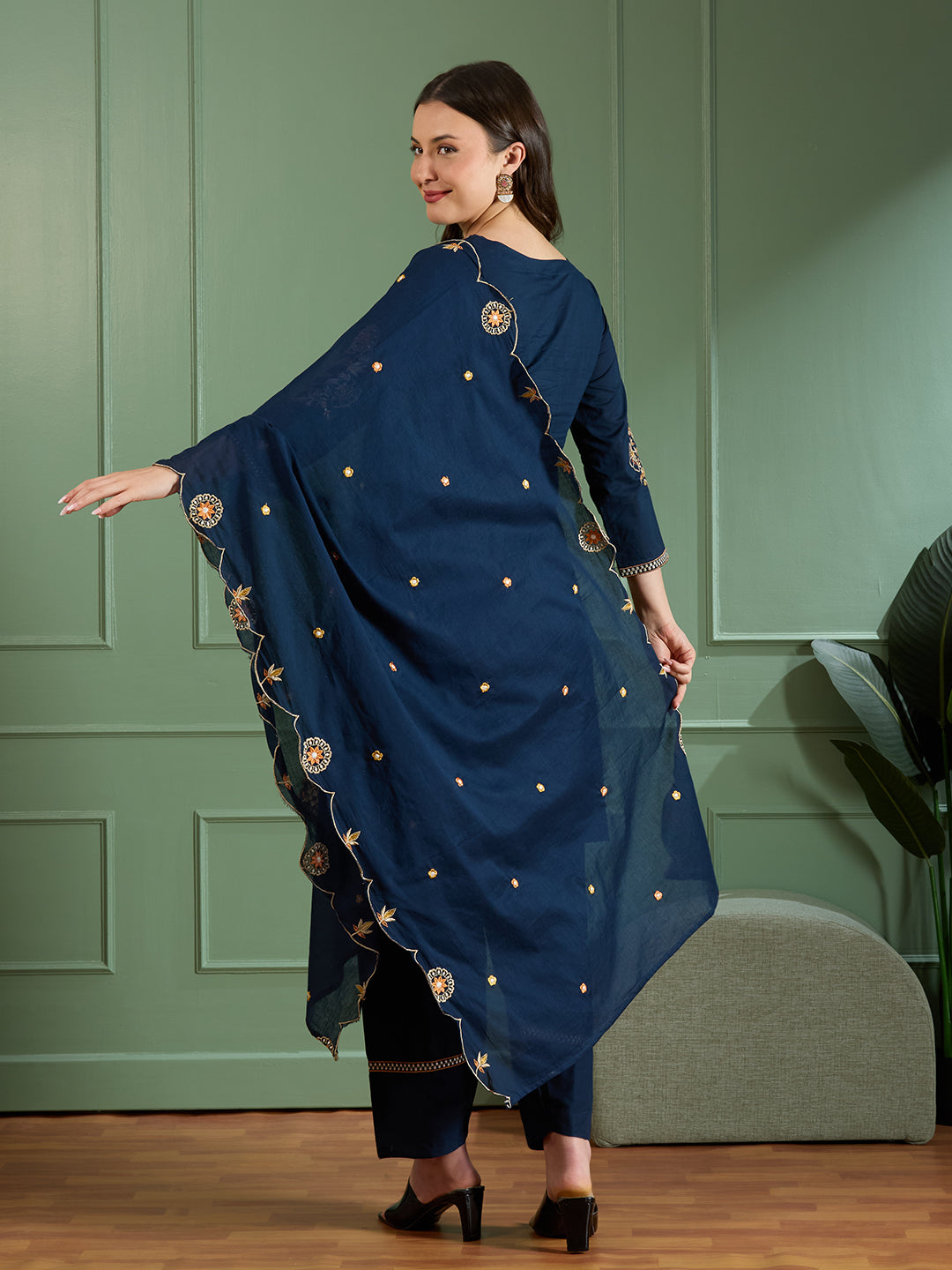 Solid Floral Threadwork Embroidered Straight Fit Kurta with Salwar and Dupatta - Navy Blue