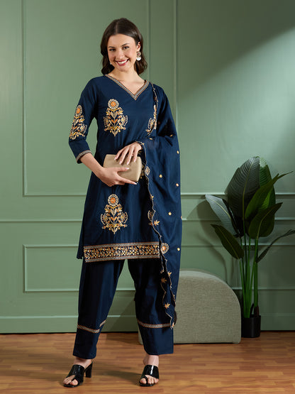 Solid Floral Threadwork Embroidered Straight Fit Kurta with Salwar and Dupatta - Navy Blue