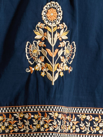 Solid Floral Threadwork Embroidered Straight Fit Kurta with Salwar and Dupatta - Navy Blue
