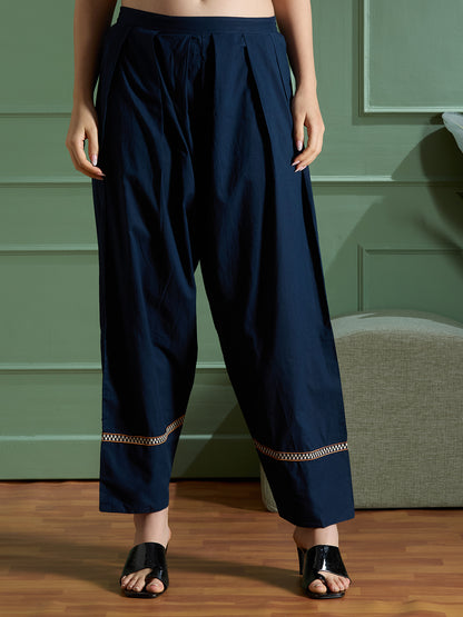 Solid Floral Threadwork Embroidered Straight Fit Kurta with Salwar and Dupatta - Navy Blue