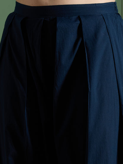 Solid Floral Threadwork Embroidered Straight Fit Kurta with Salwar and Dupatta - Navy Blue