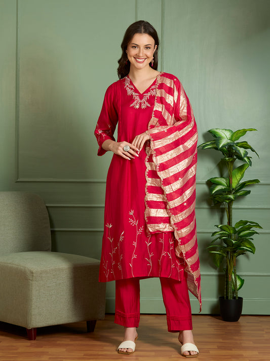 Festive Floral Zari Embroidered Straight Fit Kurta with Pant and Dupatta - Red