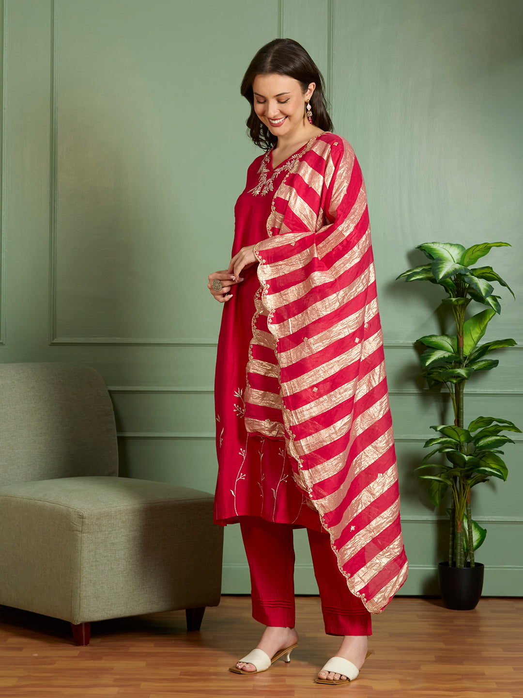Festive Floral Zari Embroidered Straight Fit Kurta with Pant and Dupatta - Red