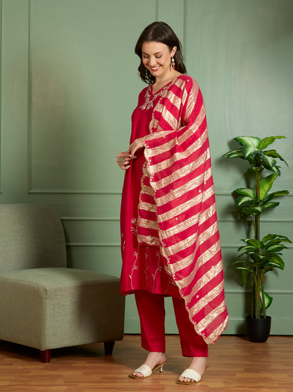 Festive Floral Zari Embroidered Straight Fit Kurta with Pant and Dupatta - Red
