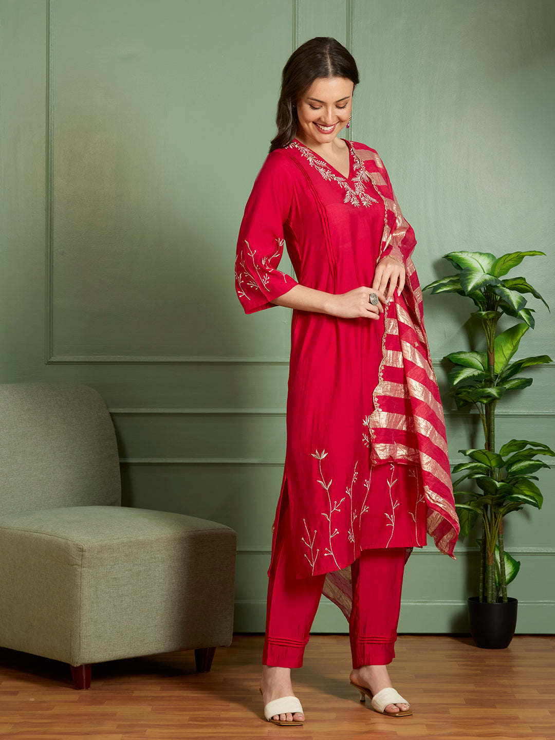 Festive Floral Zari Embroidered Straight Fit Kurta with Pant and Dupatta - Red