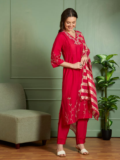 Festive Floral Zari Embroidered Straight Fit Kurta with Pant and Dupatta - Red