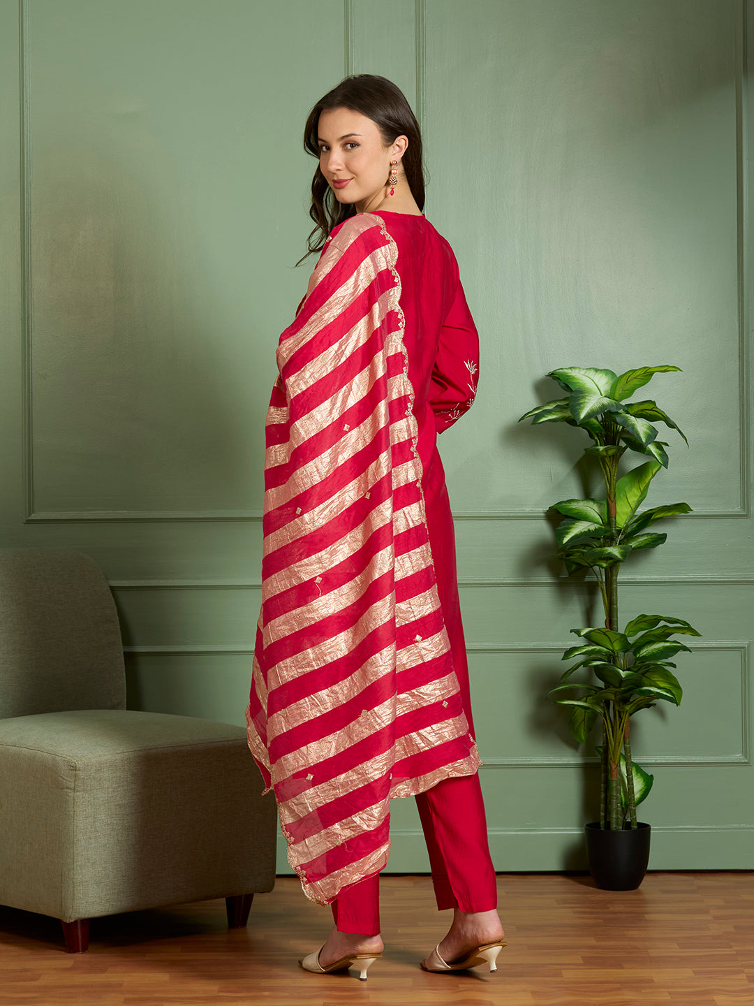 Festive Floral Zari Embroidered Straight Fit Kurta with Pant and Dupatta - Red