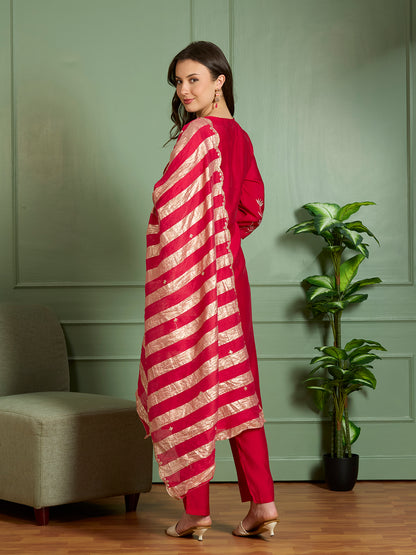 Festive Floral Zari Embroidered Straight Fit Kurta with Pant and Dupatta - Red