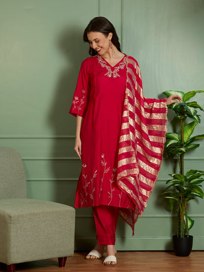 Festive Floral Zari Embroidered Straight Fit Kurta with Pant and Dupatta - Red