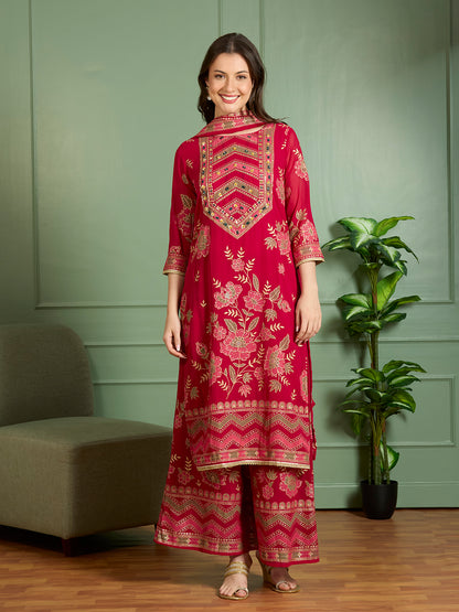 Ethnic Floral Printed Embroidered Straight Fit Kurta with Palazzo and Dupatta - Red