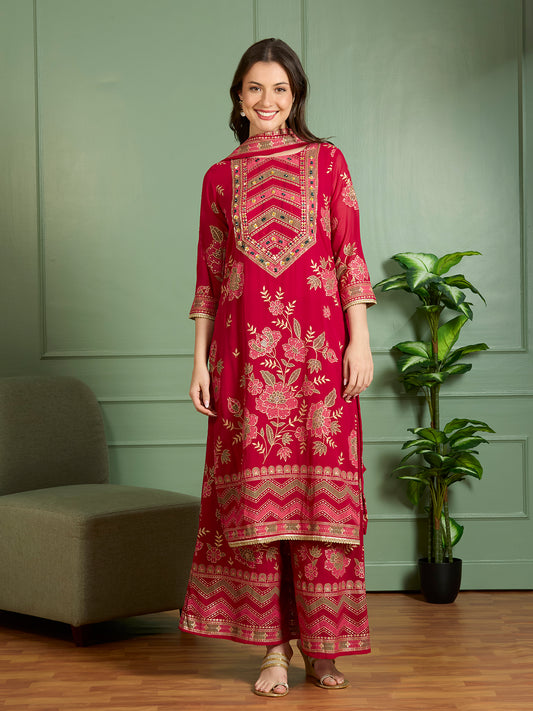 Ethnic Floral Printed Embroidered Straight Fit Kurta with Palazzo and Dupatta - Red