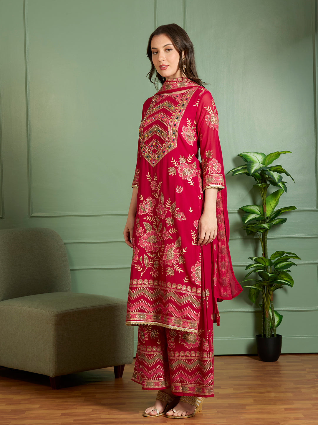 Ethnic Floral Printed Embroidered Straight Fit Kurta with Palazzo and Dupatta - Red