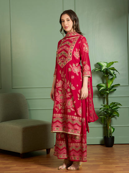 Ethnic Floral Printed Embroidered Straight Fit Kurta with Palazzo and Dupatta - Red