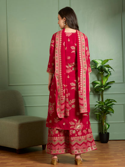 Ethnic Floral Printed Embroidered Straight Fit Kurta with Palazzo and Dupatta - Red