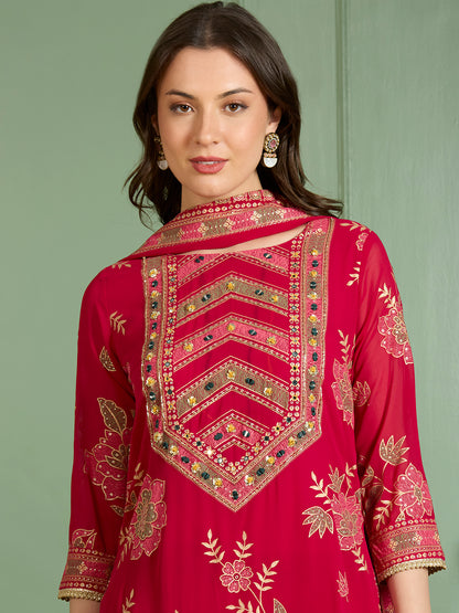 Ethnic Floral Printed Embroidered Straight Fit Kurta with Palazzo and Dupatta - Red