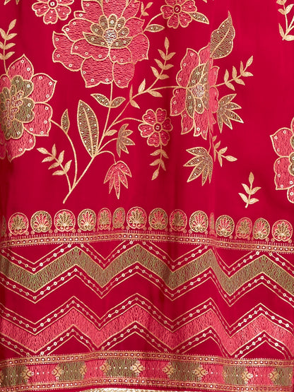 Ethnic Floral Printed Embroidered Straight Fit Kurta with Palazzo and Dupatta - Red