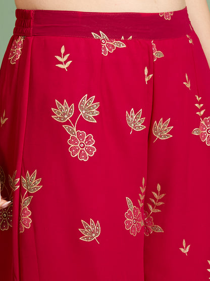 Ethnic Floral Printed Embroidered Straight Fit Kurta with Palazzo and Dupatta - Red