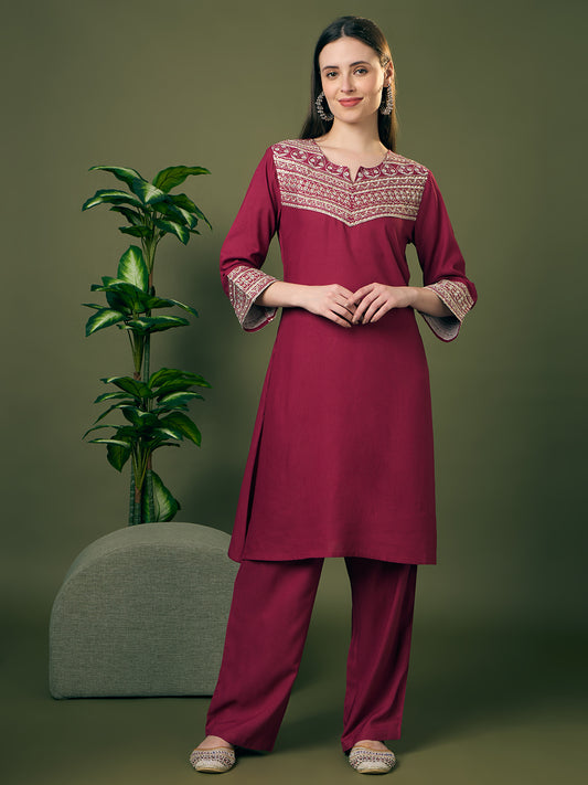 Solid Zari Embroidered A-Line Co-ord Set - Burgundy