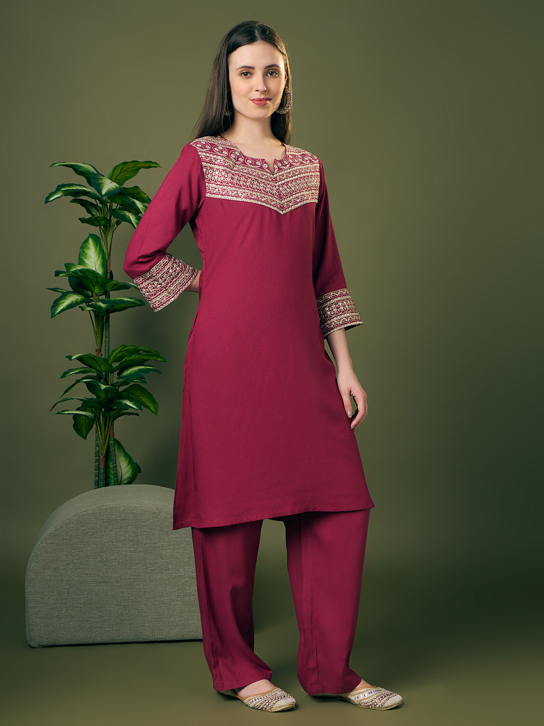 Solid Zari Embroidered A-Line Co-ord Set - Burgundy