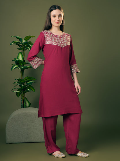 Solid Zari Embroidered A-Line Co-ord Set - Burgundy