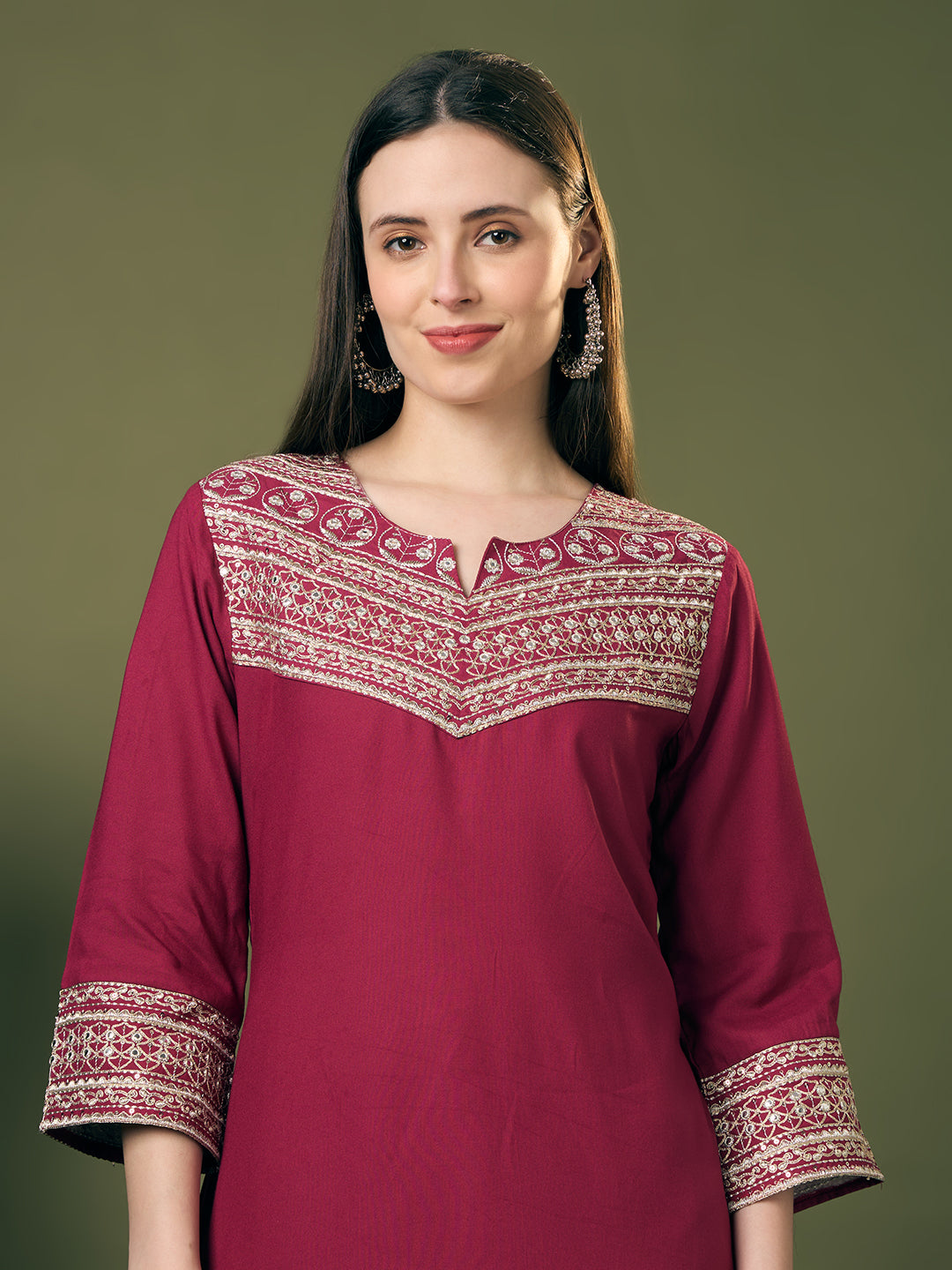 Solid Zari Embroidered A-Line Co-ord Set - Burgundy