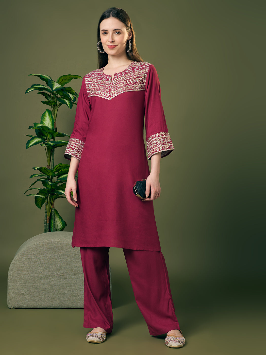 Solid Zari Embroidered A-Line Co-ord Set - Burgundy