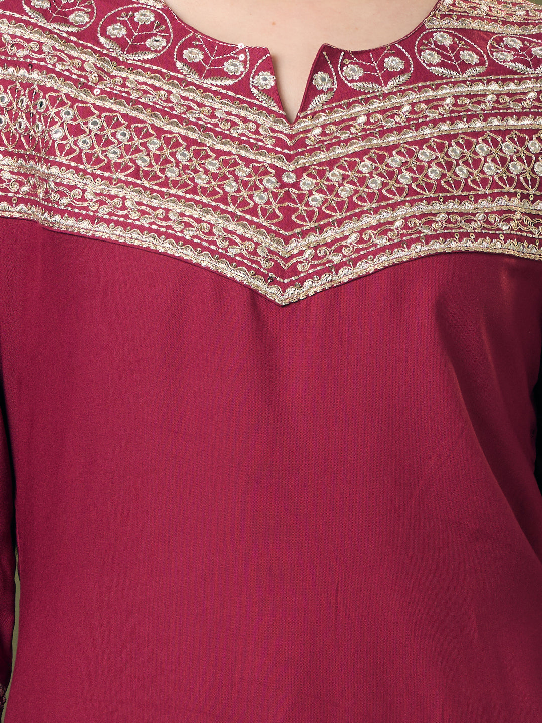Solid Zari Embroidered A-Line Co-ord Set - Burgundy