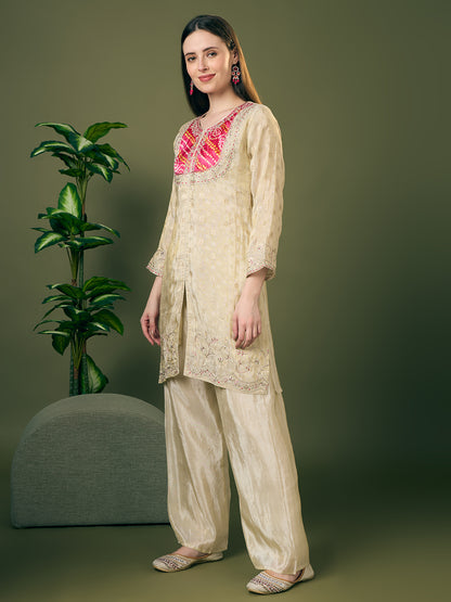 Solid Ethnic Floral Zari Embroidered Straight Fit Tissue Co-ord Set - Off White