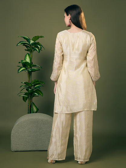 Solid Ethnic Floral Zari Embroidered Straight Fit Tissue Co-ord Set - Off White