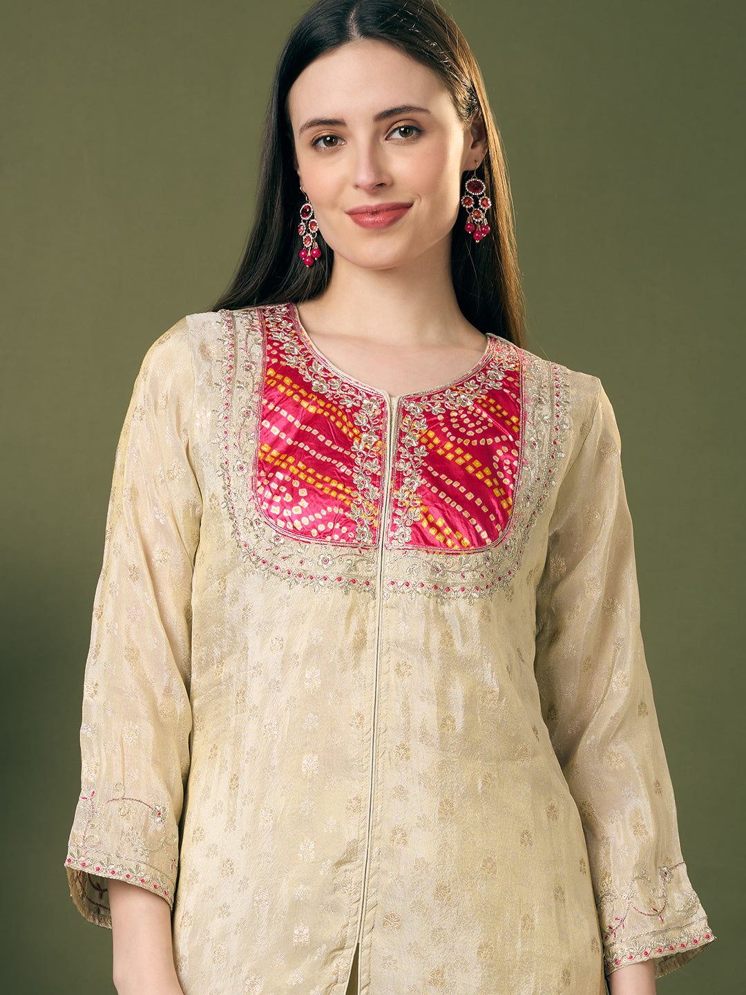 Solid Ethnic Floral Zari Embroidered Straight Fit Tissue Co-ord Set - Off White