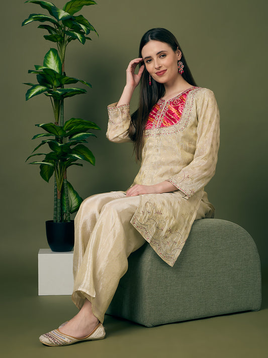 Solid Ethnic Floral Zari Embroidered Straight Fit Tissue Co-ord Set - Off White