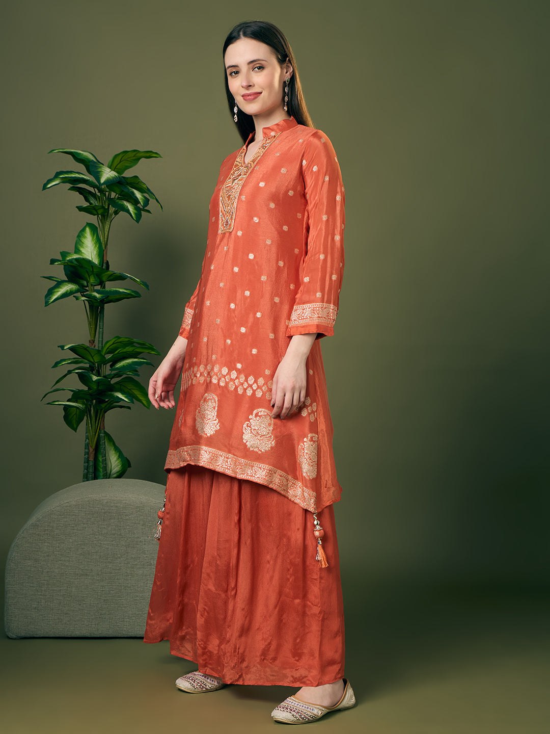 Festive Solid Floral Woven A-Line Kurta with Flared Palazzo - Peach