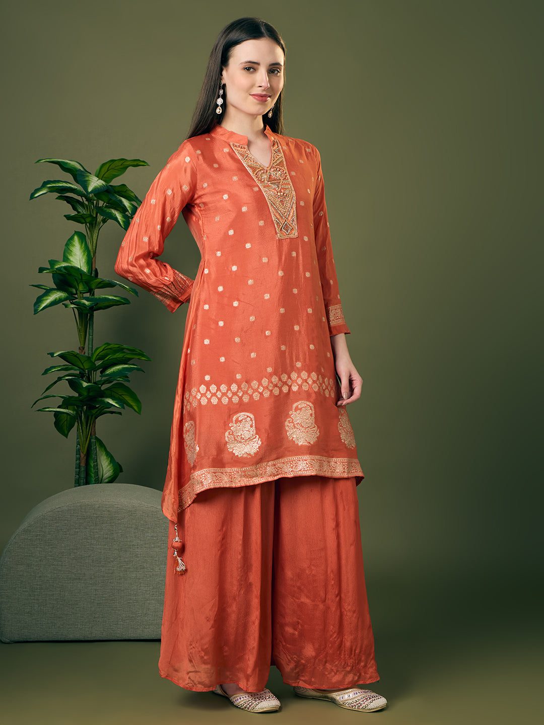 Festive Solid Floral Woven A-Line Kurta with Flared Palazzo - Peach