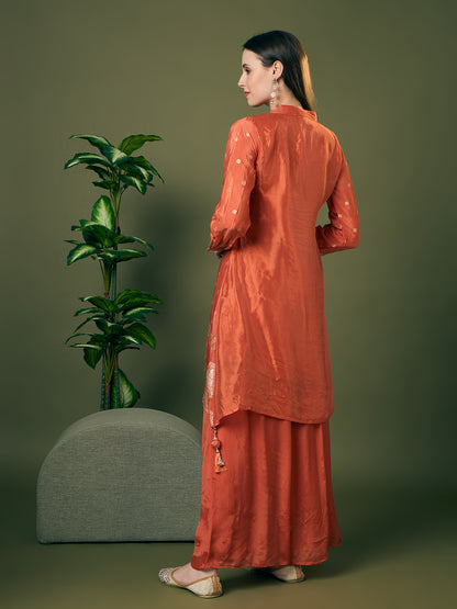 Festive Solid Floral Woven A-Line Kurta with Flared Palazzo - Peach