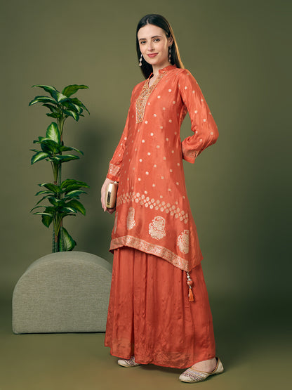 Festive Solid Floral Woven A-Line Kurta with Flared Palazzo - Peach