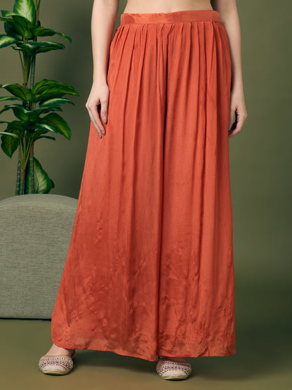 Festive Solid Floral Woven A-Line Kurta with Flared Palazzo - Peach