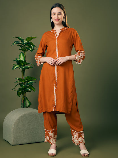 Solid Floral Embroidered Straight Fit Co-ord Set - Rust