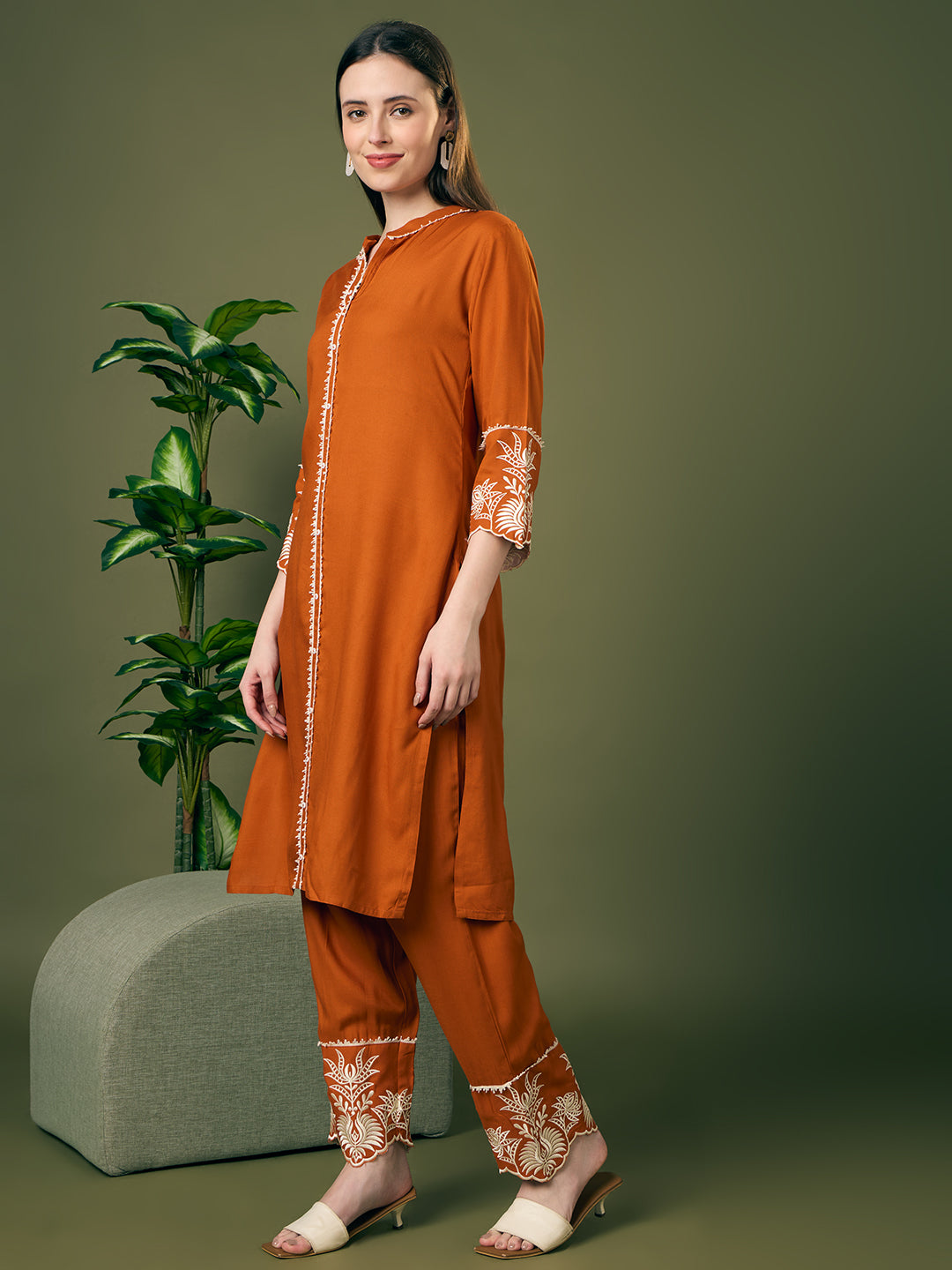 Solid Floral Embroidered Straight Fit Co-ord Set - Rust