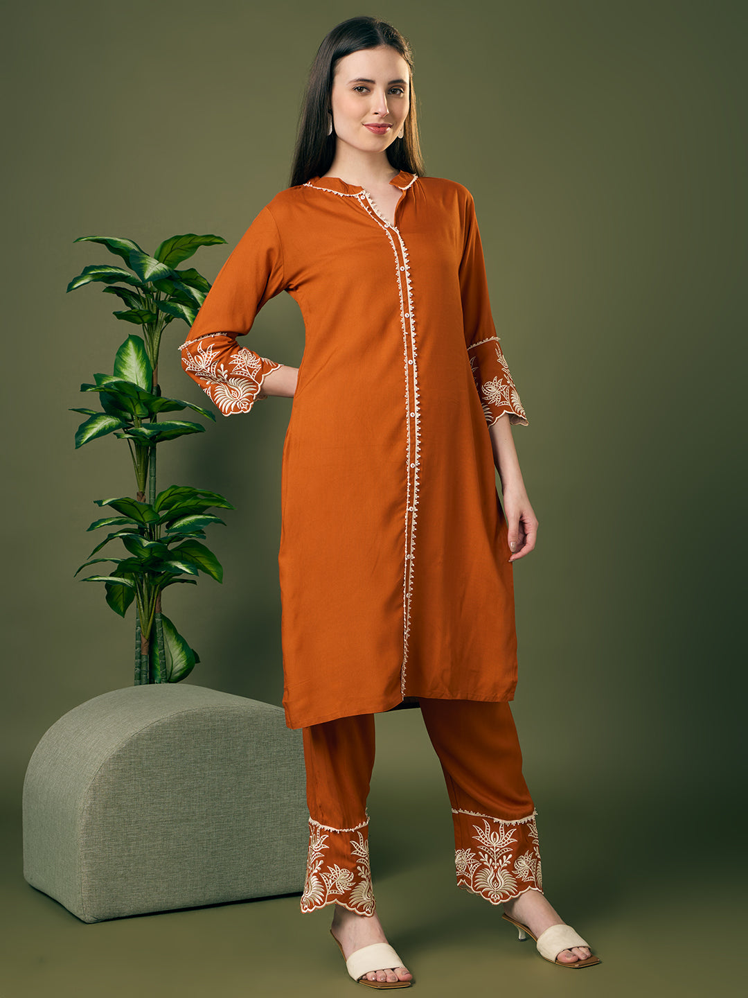 Solid Floral Embroidered Straight Fit Co-ord Set - Rust