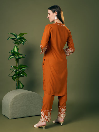 Solid Floral Embroidered Straight Fit Co-ord Set - Rust