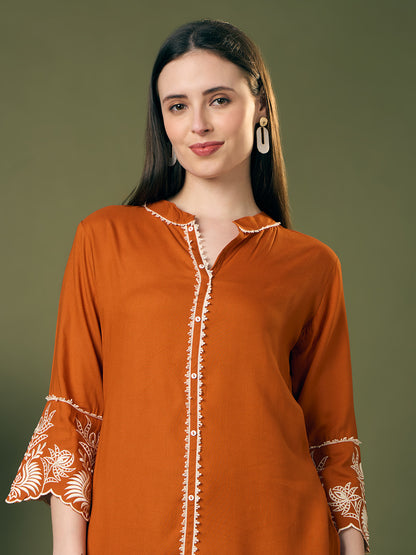 Solid Floral Embroidered Straight Fit Co-ord Set - Rust