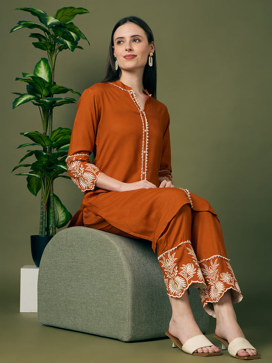 Solid Floral Embroidered Straight Fit Co-ord Set - Rust