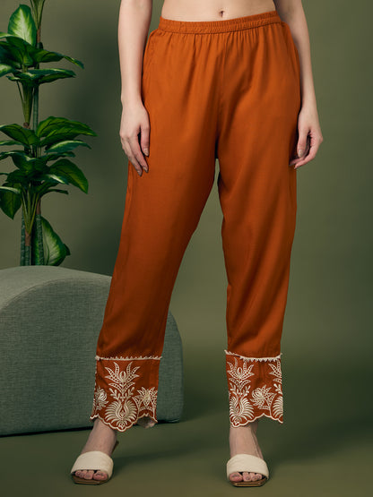 Solid Floral Embroidered Straight Fit Co-ord Set - Rust
