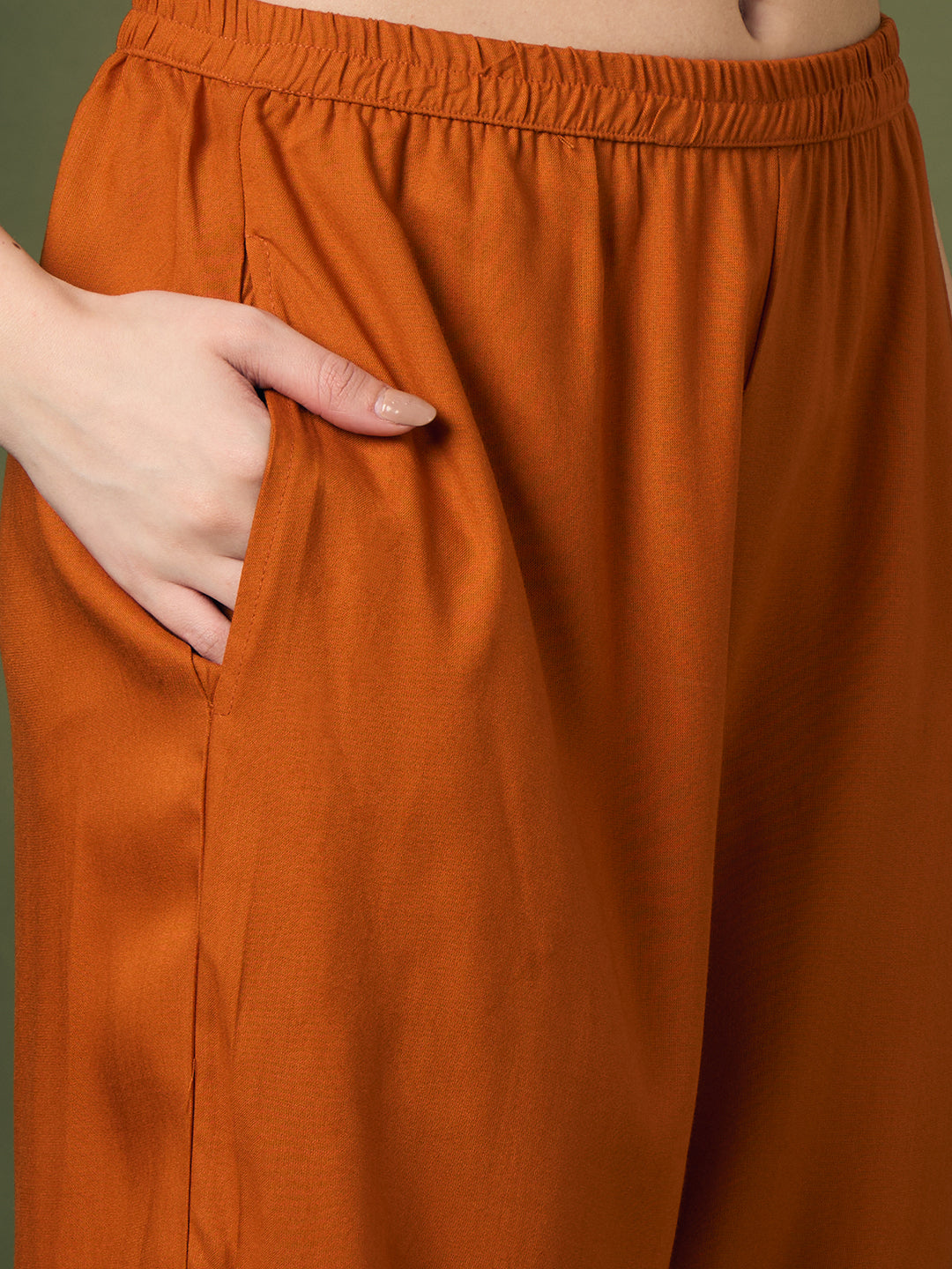 Solid Floral Embroidered Straight Fit Co-ord Set - Rust